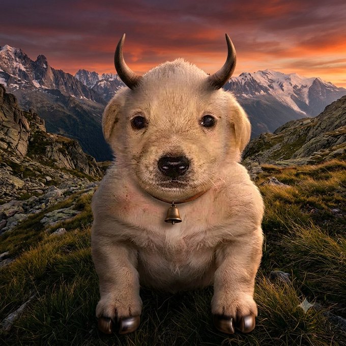 A fluffy white baby cow with small horns and a bell collar sits on a grassy alpine meadow at sunset, gazing directly at the viewer with an innocent, wide-eyed expression against a dramatic mountain backdrop. The adorable, almost cartoonish bovine pairs with the "bags" question by humorously suggesting it's preparing to carry the shopping—either literally wearing the bell like a trendy accessory or ready to haul home whatever you bought.