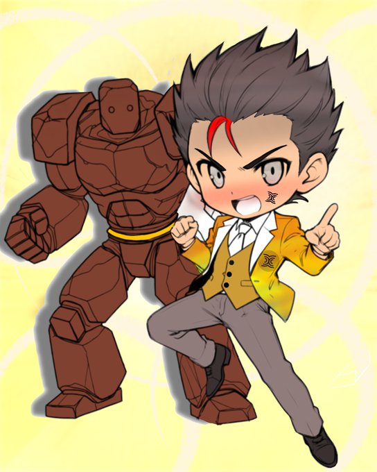 Anime-style chibi illustration of a character with spiky dark hair and a yellow jacket standing confidently in front of a brown golem-like robot figure.