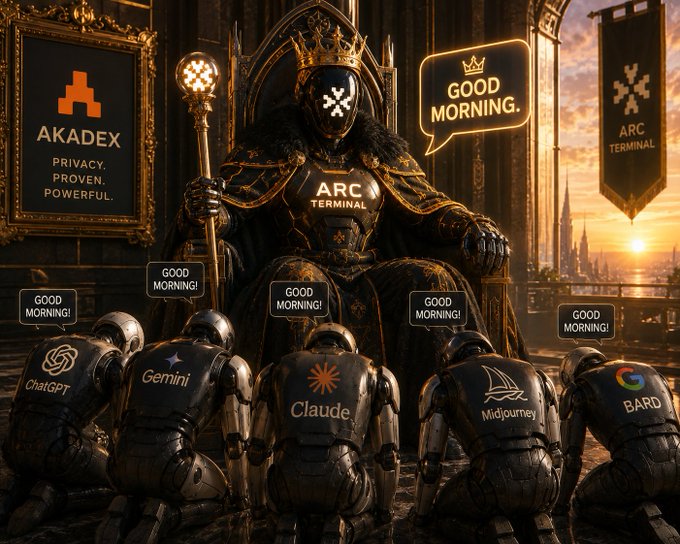 A regal figure crowned "ARC TERMINAL" sits enthroned above kneeling AI servants labeled ChatGPT, Gemini, Claude, Midjourney, and BARD, all greeting "Good Morning!" in speech bubbles, while a banner on the left proclaims "AKADEX - PRIVACY. PROVEN. POWERFUL." The image visually reinforces the post's message by depicting ARC Terminal as the sovereign ruler over competing AI tools, emphasizing that true dominance in the AI race belongs to a system that can remember, act, and prove outcomes with privacy—qualities represented by the prominent AKADEX branding.