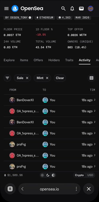 A screenshot of the OpenSea NFT marketplace displaying the "Activity" tab for the BY DEGEN_TONY collection on Ethereum, showing recent transactions from users like BenDoverXl, OA_1xpress, and prsFrg selling to "You," with a floor price of 0.0037 ETH (-19.5%) and total volume of 43.54 ETH. The image relates to the post by illustrating the user's NFT trading activity, likely showing recent purchases of "Badfrogs" or similar NFTs, as the post references upcoming developments for the collection.