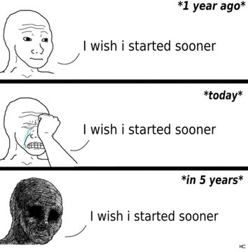 A meme using the "Wojak I wish I started sooner" progression, showing the character aging from 1 year ago, today, to 5 years from now—each panel repeating the same regretful phrase. The accompanying post references "$USELESS" coin's price target of $4–$8, suggesting the poster bought early and is lamenting that they didn't start investing (or buying) sooner.