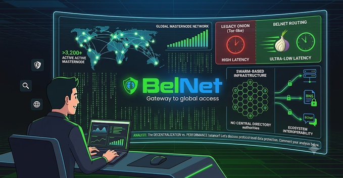 A user analyzes BelNet's decentralized VPN infrastructure on a futuristic dashboard, which highlights BelNet's global masternode network with over 3,200+ active nodes, contrasting legacy Tor-like onion routing (high latency) against BelNet's ultra-low latency swarm-based architecture with no central directory authorities, illustrating the post's claim about scalability and latency solutions in the Beldex ecosystem.