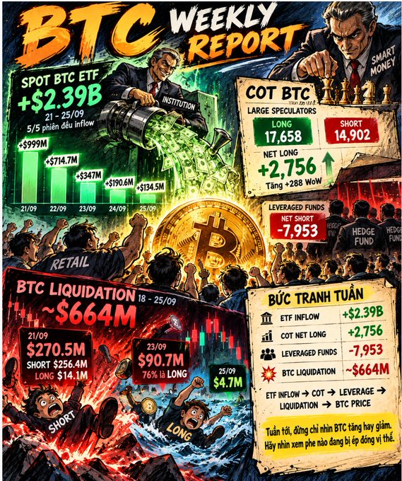 A comic-style "BTC WEEKLY REPORT" infographic displaying Bitcoin statistics including "SPOT BTC ETF +$2.39B", "COT BTC NET LONG +2,756", "LEVERAGED FUNDS -7,953", and "BTC LIQUIDATION ~$664M" with Vietnamese annotations.