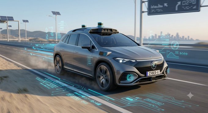 A futuristic concept image of a silver Mercedes-Benz SUV driving on a road, surrounded by digital blue holographic overlays and data displays, with a cityscape and solar panels in the background.
