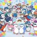 A vibrant digital artwork celebrating Pudgy Penguins' 5th birthday, filled with colorful cartoon penguin characters, a birthday cake, and party decorations. The festive collage visually matches the celebratory post declaring the user as the "number 1 pudgy auntie."
