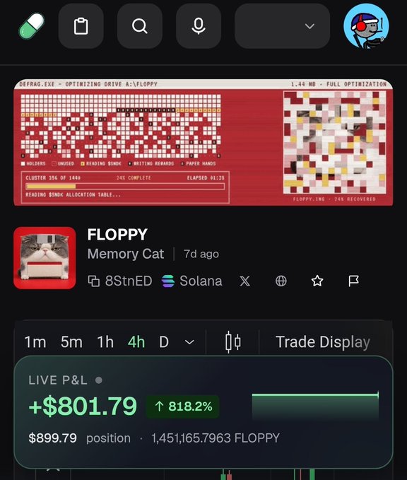 A screenshot of a trading interface shows the memecoin 'FLOPPY' (Memory Cat) on Solana, displaying a LIVE P&L of +$801.79 (up 818.2%) with a position of 1,451,165.7963 FLOPPY valued at $899.79.