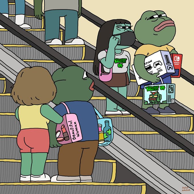 A cartoon illustration depicting people on an escalator, including a frog character with a 'Beautiful Woman' backpack and other characters holding gaming consoles and NFTs, signed 'PARA KINGDOM'.