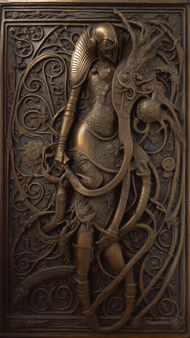 A dark, gothic-style relief sculpture of a skeletal, helmeted warrior entwined with twisted serpentine forms and intricate spirals, evoking a sense of ancient decay. The haunting, otherworldly figure fits perfectly with the eerie, memorial aesthetic of the "Cenotaphs #81" piece shared by @ganbrood.