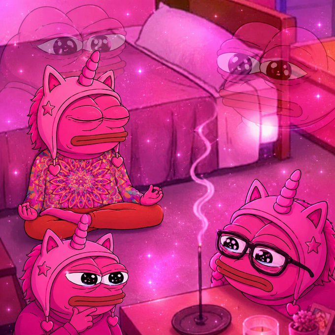 An illustration depicts three pink unicorn-like characters in a meditative setting with incense smoke and sparkles; one meditates in lotus pose, one wears glasses, and one thinks, all with large, expressive eyes.
