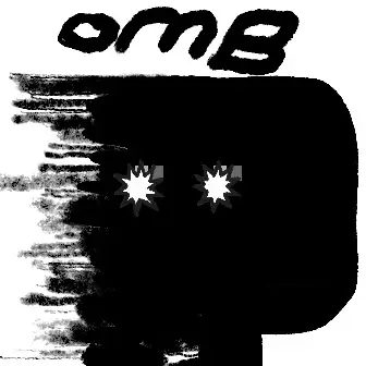 A black and white graphic featuring a stylized face with star-shaped eyes and the text 'omb' at the top, with a motion blur effect on the left side.