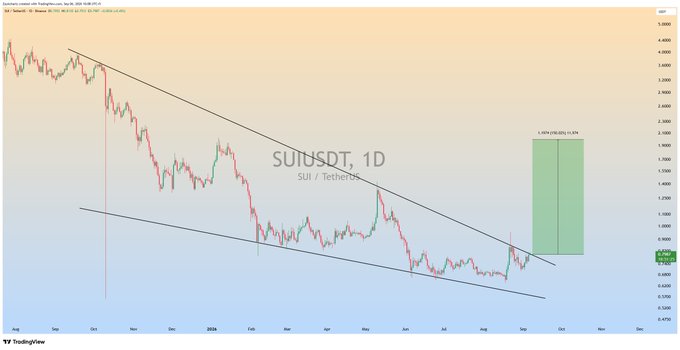 This TradingView chart of SUI/USDT (SUI/Tether) on the 1D timeframe displays a long-term descending channel pattern, with the price recently challenging the upper trendline. A projected 24.74% upside move to $1.476 is highlighted with a green target box, supporting the post's claim of a potential breakout from the multi-month downtrend.