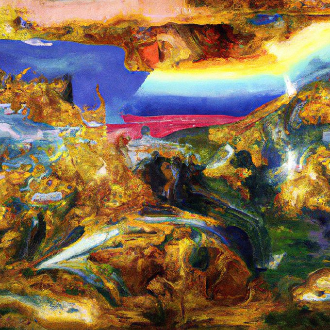 An abstract, painterly artwork featuring vibrant colors including blues, yellows, oranges, and greens, depicting what appears to be a landscape with figures and possibly a red boat.