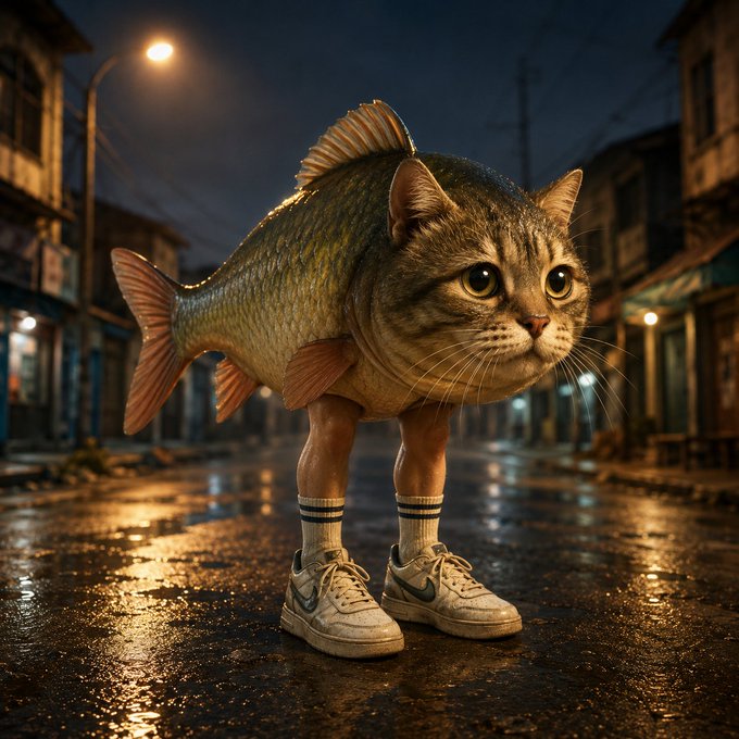 A surreal image of a fish with a cat's head wearing socks and sneakers, standing on a wet city street at night.