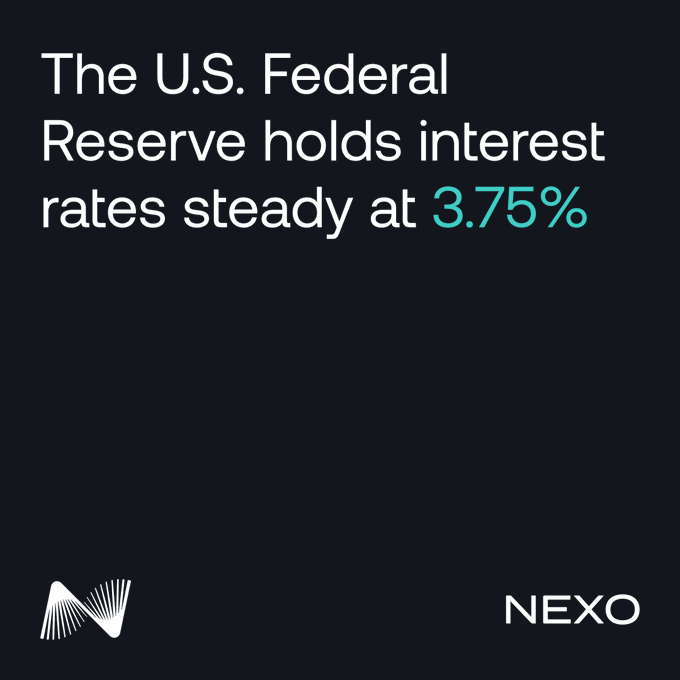 The image features a Nexo-branded graphic announcing that the U.S. Federal Reserve is holding interest rates steady at 3.75%, directly tying into the accompanying post about the FOMC's latest interest rate decision and inviting speculation on the market's next move.