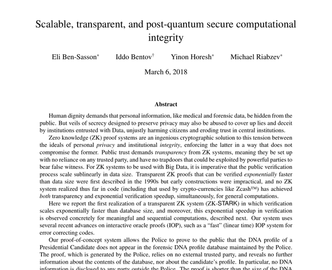 The image shows an academic paper titled "Scalable, transparent, and post-quantum secure computational integrity" written by three researchers. The paper discusses the importance of scalability, transparency, and security in computing systems. It also mentions a priori trust assumptions that were made before the development of crypto technology. The paper is presented on a white background with black text, making it easy to read and understand.