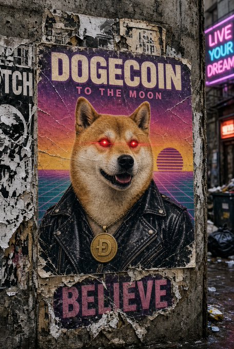 A street art poster pasted on a weathered wall featuring a Shiba Inu dog in a leather jacket with glowing red eyes and a gold Dogecoin medallion, with the text 'DOGECOIN TO THE MOON' and 'BELIEVE'.