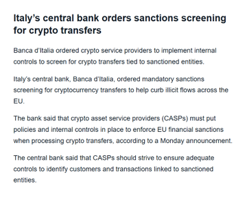 A news article screenshot with the headline 'Italy's central bank orders sanctions screening for crypto transfers', reporting on Banca d'Italia's mandate for crypto service providers to implement internal controls.