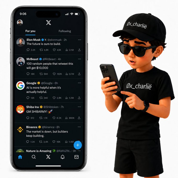 A digital illustration of a boy wearing sunglasses and a black '0x_charlië' t-shirt and cap, looking at a smartphone displaying the X (formerly Twitter) feed with tweets from Elon Musk, MrBeast, Google, Shiba Inu, Binance, and Nature is Amazing.