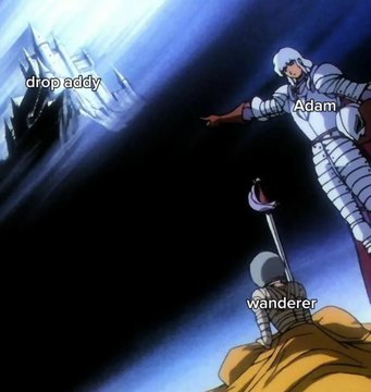 The image features two characters dressed in medieval armor standing against a dark background with a castle visible behind them. The text "dropaddy" is written above one of the characters, while "Adam" can be seen below another character's arm. A caption below the image reads "Day 2 I support all content creators for patterns retrieval Yesterday I supported @adamilenich and my replies have already become a collection of the best works for patterns retrieval".