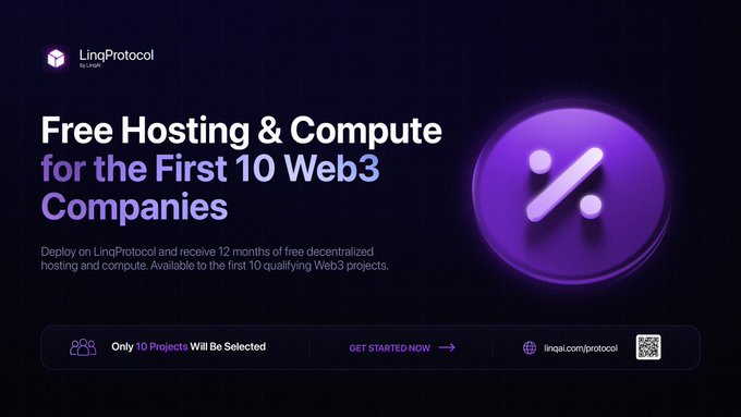 A promotional banner for LingProtocol by Lingy offering 'Free Hosting & Compute for the First 10 Web3 Companies,' including 12 months of free decentralized hosting and compute, with a purple gradient background and a 'GET STARTED NOW' button.