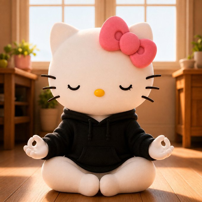 A plush Hello Kitty figure sits in a meditative lotus pose wearing a black hoodie, eyes closed in serene tranquility. The image cleverly complements the caption about transforming negativity into blessings, visualizing the peaceful mindset of accepting life's challenges with calm grace.