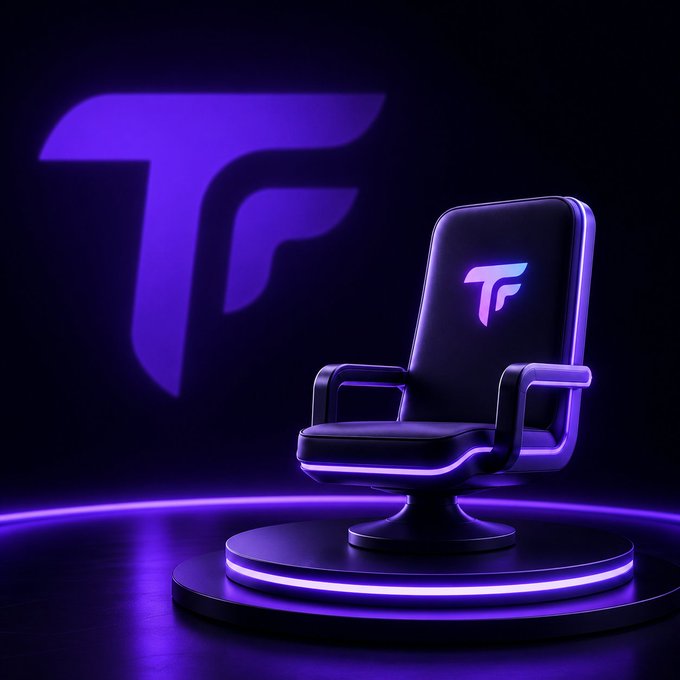 Promotional 3D render showing a glowing purple gaming chair with an "FF" emblem, set against a dark background featuring a large stylized "F" logo.