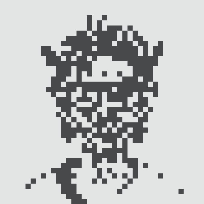 A black-and-white pixel art rendering of a person wearing sunglasses, displayed on a white background.