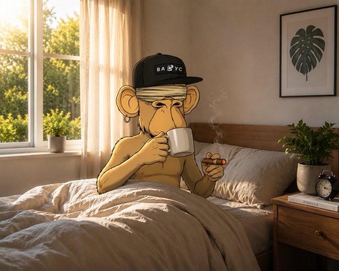 An AI-generated cartoon monkey wearing a 'BAYC' cap sits in bed drinking coffee and holding a cigar in a sunlit bedroom.