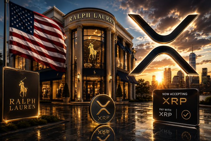 The image showcases a Ralph Lauren storefront adorned with the iconic polo logo and an American flag, with the cryptocurrency's "X" symbol glowing prominently against a city skyline at sunset. Prominent signage announces "RALPH LAUREN" and "NOW ACCEPTING XRP PAY WITH XRP," visually reinforcing the brand's embrace of Ripple's digital currency for everyday retail transactions in the U.S.