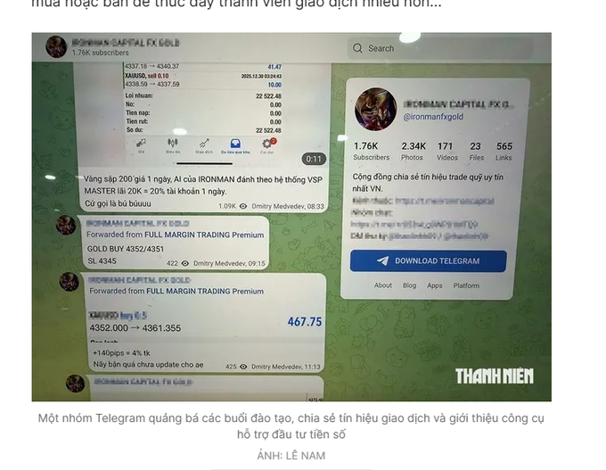 Vietnamese news article screenshot about a Telegram group called 'IRONMAN CAPITAL FX GOLD' advertising cryptocurrency trading signals, credited to Lê Nam with Thanh Niên branding.