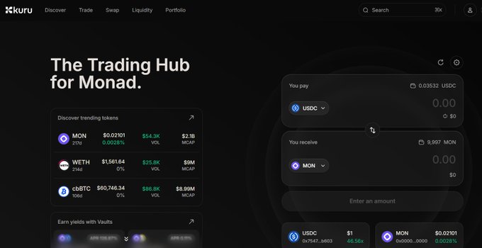 The image shows a screenshot of an online trading platform called "I just found out another very good airdrop opportunity." The platform is specifically designed for Monad and offers various trading options, including spot trading and swaps. It has recently raised over 13 million dollars in funding, indicating significant interest from investors. One of the featured exchanges is MonadExchange, which supports spot trading and currently supports only spot trading and swaps.