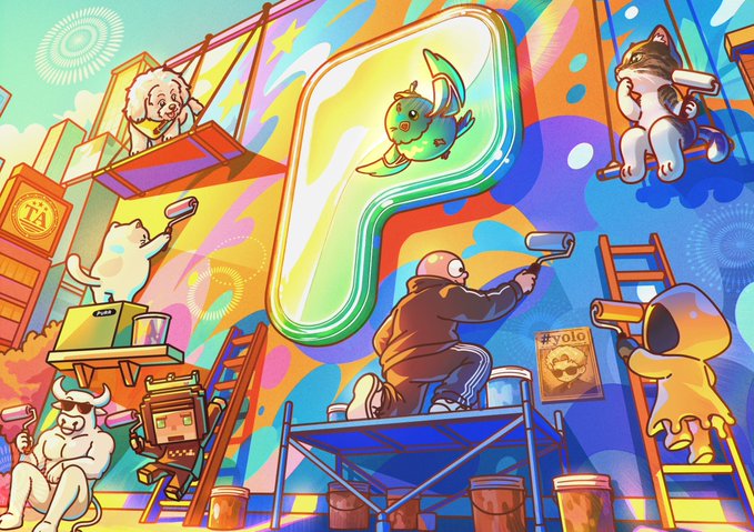 A vibrant digital illustration depicts various cartoon characters—including dogs, a ghost, a robot, and a person in a hoodie—collaboratively painting a large green "P" logo featuring a small green creature, with the text "#YOLO" visible on a sign. The colorful artwork aligns with the post celebrating the creator's launchpad choice for $Robbie and their appreciation for the supportive Pons team.