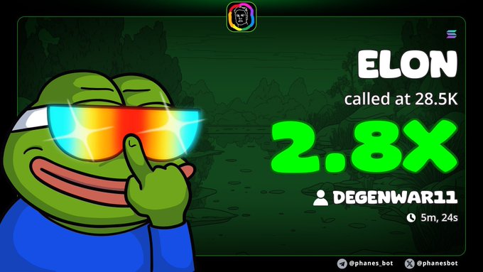 In this image, a cartoon frog wearing glasses is showing a thumbs-up gesture against a vibrant green backdrop with multiple colors and text elements. The background features images of various landmarks such as mountains, lakes, and buildings. Beneath the frog, there is a screen displaying text that says "2x pump on my Alpha call on ELON CA" and "8fiegpuKk3YqtSERRvrheDU5ryTZeZzGynkRfK5zpump #memecoin #solana #Degenwar". The overall layout of the image is balanced, with the frog positioned centrally against a lush green wall and other visual elements surrounding it.