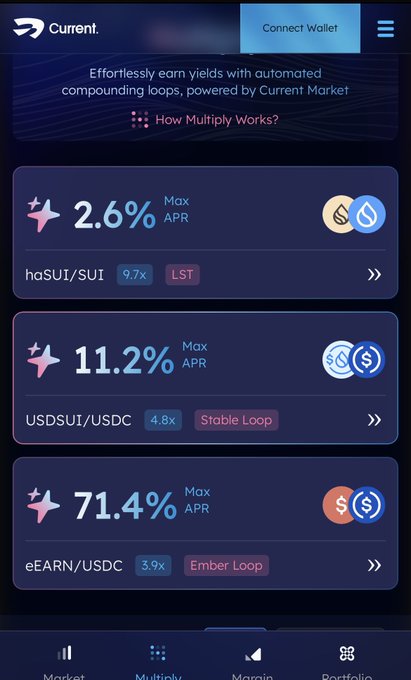 The image shows a smartphone screen displaying information about a cryptocurrency exchange app named "Current". It features three different screens providing details such as the maximum amount available, the best rates for USD/EUR, and the best strategies for earning in the current market of cryptocurrencies called Ember. The post on this app provides an overview of how to maximize one's profits by investing in multiple cryptocurrencies at once using the available tools. The image also includes a reminder about holding the trading position for extended periods to offset the cost of utilizing the multiply strategy for maximizing profits.