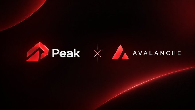 A promotional graphic features the red logos of "Peak" and "Avalanche" side by side against a dark background, separated by a multiplication symbol to signify their partnership. The image visually reinforces the message "Tokenize the world on Avalanche" by showcasing the collaboration between the two brands.