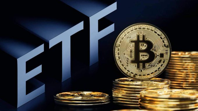 A 3D render showing the word 'ETF' in large metallic letters next to stacks of gold coins with the Bitcoin 'B' symbol prominently displayed on top.