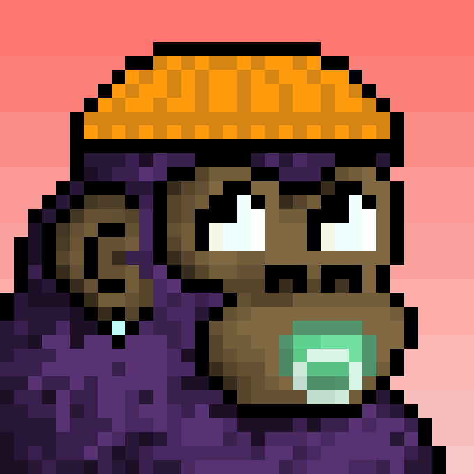A pixel art character wearing an orange beanie and purple clothing holds a green item against a pink background.