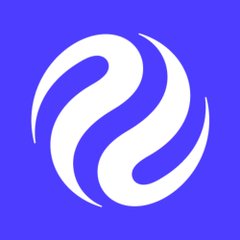 A minimalist white logo resembling a stylized swirl or yin-yang symbol on a solid blue background.