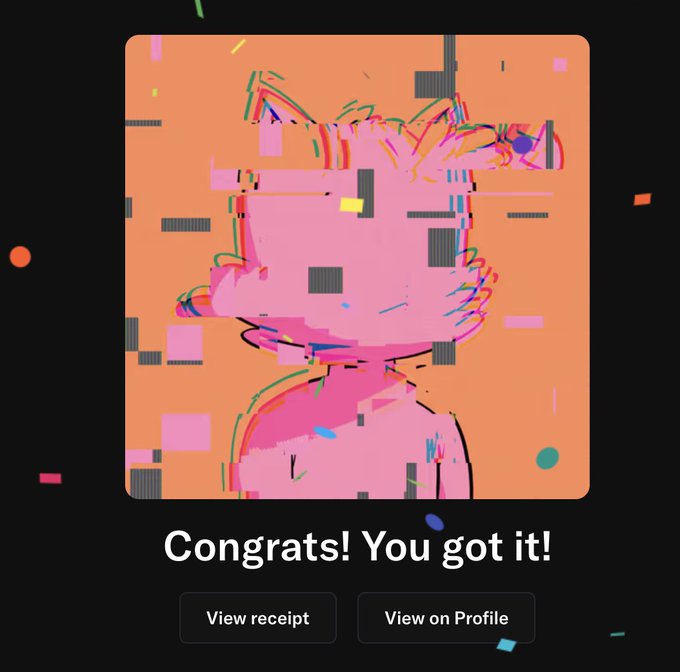 A vibrant glitch-art image of an Oddcat character on a peach background celebrates a successful NFT mint, with the text "Congrats! You got it!" displayed along with buttons to "View receipt" and "View on Profile." The pink, pixelated cat with chromatic distortion aligns with the psychedelic aesthetic of the ODDCATS NFT collection minted by the user.