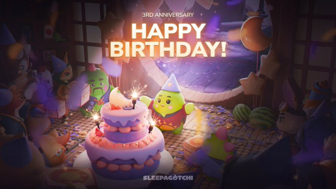 A festive 3D-rendered birthday scene with characters gathered around a multi-tiered pink cake, displaying '3RD ANNIVERSARY HAPPY BIRTHDAY!' and the 'SLEEPAGOTCHI' logo.