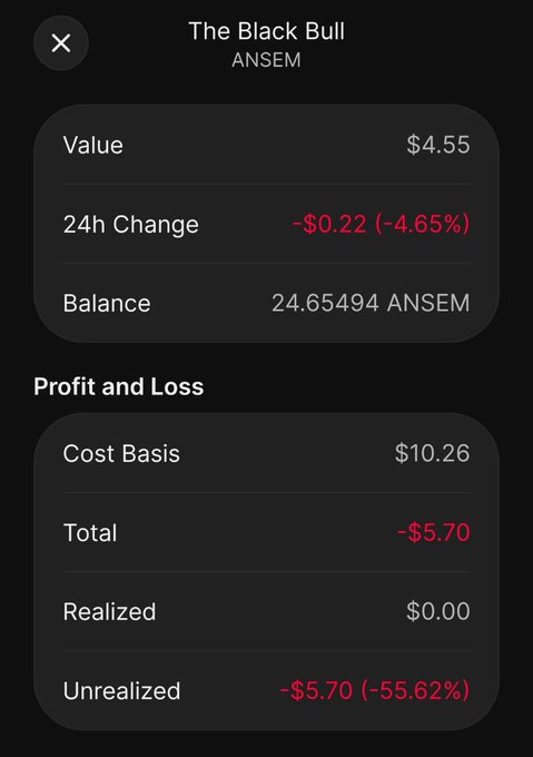 The image shows a crypto portfolio tracker displaying "$ANSEM" (titled "The Black Bull") with a current value of $4.55, down $0.22 (-4.65%) over 24h, and an unrealized loss of -$5.70 (-55.62%) on a cost basis of $10.26. The screenshot illustrates the poster's stubborn bullish stance on $ANSEM, showing they're holding through a significant 55%+ paper loss while still publicly expressing patience and optimism about a potential 100x recovery to $100.