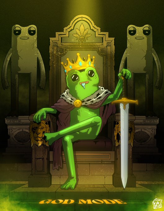 An illustration of Pepe the Frog wearing a crown and royal robe, sitting on a throne with a sword, flanked by two stone statues, with 'GOD MODE' text at the bottom.