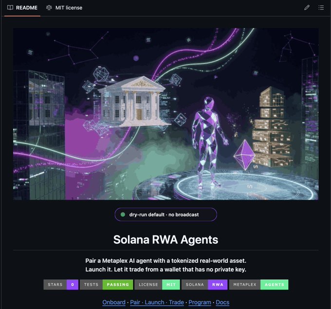 A GitHub README page showcasing "Solana RWA Agents" with the tagline "dry-run default · no broadcast" and description "Pair a Metaplex AI agent with a tokenized real-world asset. Launch it. Let it trade from a wallet that has no private key," featuring an illustrated banner of a figure in a metaverse cityscape with purple neon accents.