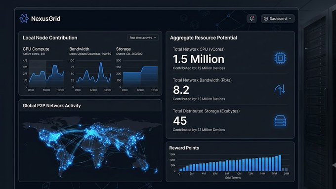 A dashboard for 'NexusGrid' displaying Local Node Contribution metrics, Aggregate Resource Potential (1.5 Million CPU vCores, 8.2 Pb/s Bandwidth, 45 Exabytes Storage), and a Global P2P Network Activity world map.