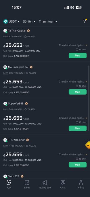 A Vietnamese-language cryptocurrency P2P trading app interface showing USDT buy offers at prices around 25,652-25,656 VND from various sellers like TaiThanCapital, Mai-mai-phat-tai, and SuperVip888.