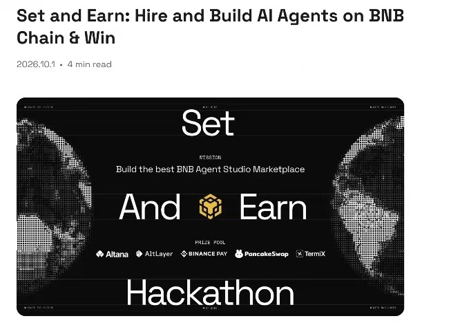 The image is a promotional graphic for BNB Chain's "Set and Earn" Hackathon, featuring the tagline "Build the best BNB Agent Studio Marketplace" alongside sponsor logos including Altana, AltLayer, Binance Pay, PancakeSwap, and TermiX, with a $7,000 prize pool. The graphic connects to the post by highlighting TermiX's recognition as one of 9 finalists selected from over 260 teams in the agent marketplace competition.