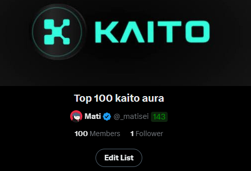 A screenshot of a social media list titled "Top 100 kaito aura" shows the KAITO logo at the top, featuring a user named "Mati" with the handle "@_matisei" and the number "143" highlighted in green.