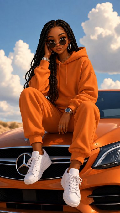 A stylized illustration of a woman in an orange tracksuit and sunglasses sitting on the hood of an orange Mercedes-Benz.