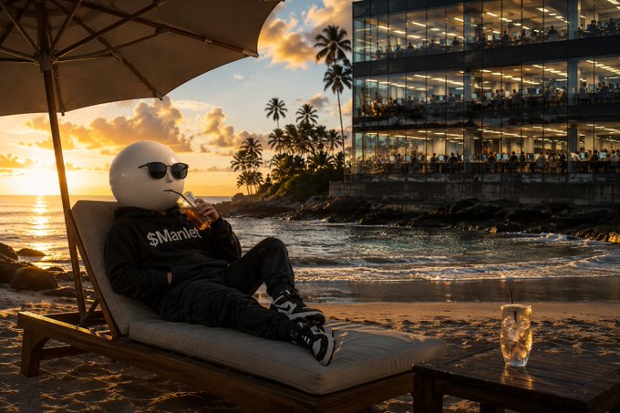 A 3D-rendered figure wearing an '$Market' hoodie and sunglasses relaxes on a beach lounger with a cocktail, with a crowded office building visible in the background.