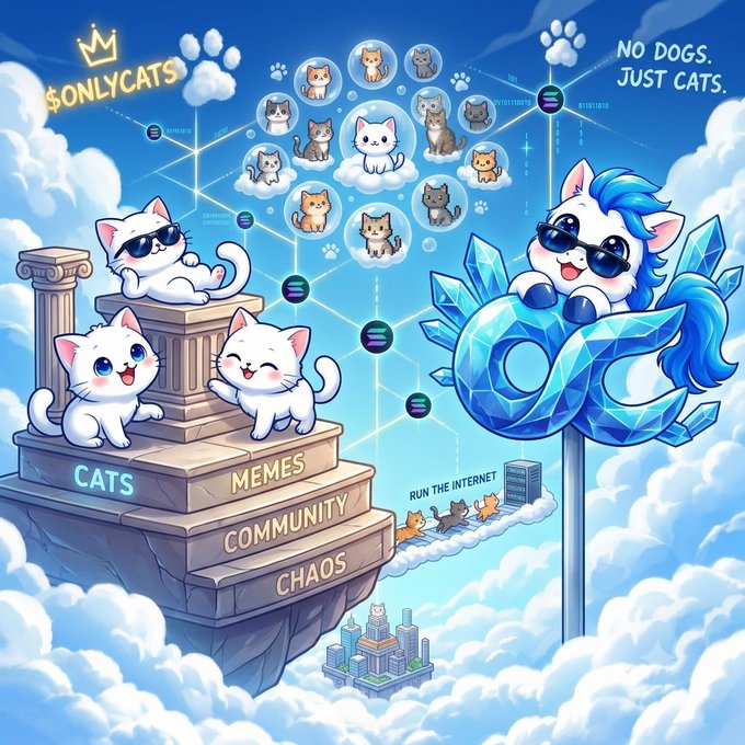 A whimsical cat-themed illustration features the "$ONLYCATS" logo with a crown, alongside text declaring "NO DOGS. JUST CATS." Adorable cartoon cats with sunglasses lounge on a Greek pillar labeled with "CATS," "MEMES," "COMMUNITY," and "CHAOS," while others float in bubbles connected by blockchain-style lines and a crystal cat figure declares "RUN THE INTERNET," visually promoting the $500 giveaway tied to the $ONLYCAT token launch on pump.fun via #VerifyCTO.